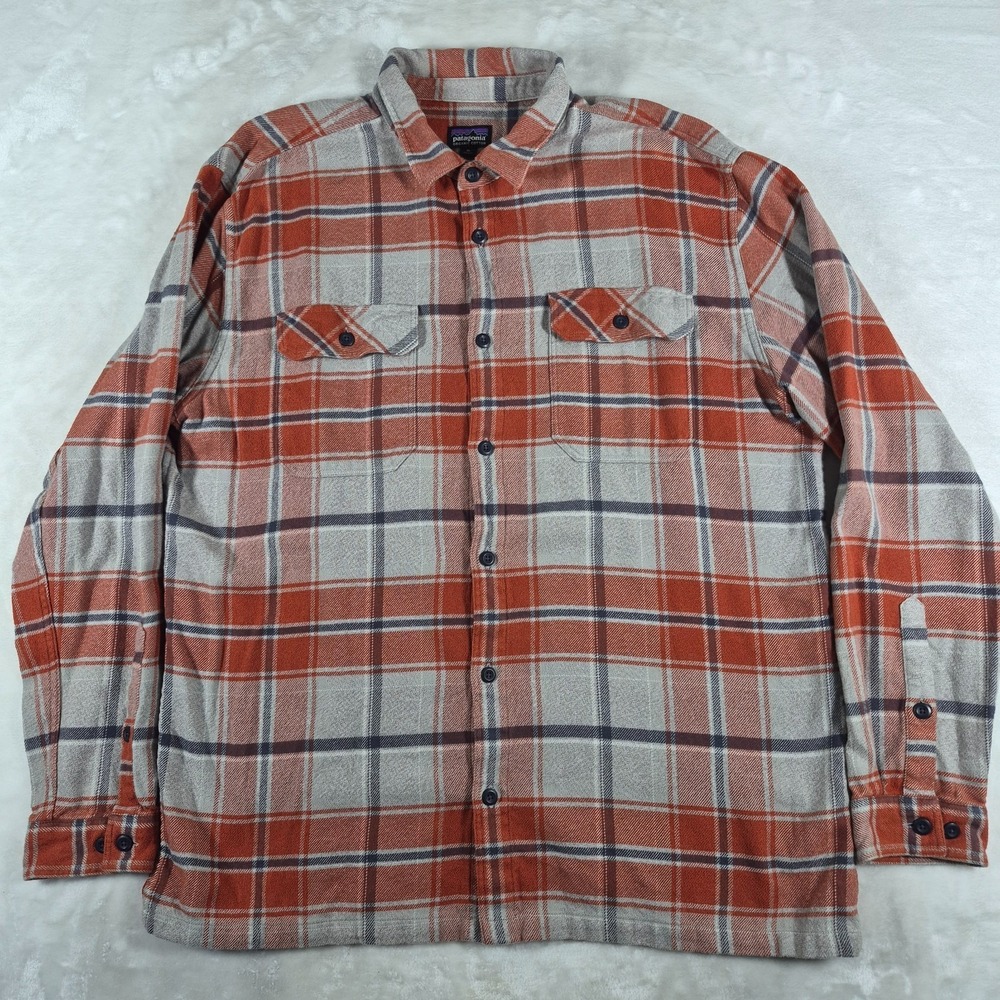 Patagonia Fjord Flannel Shirt Men's XL Orange Plaid Organic Cotton Long Sleeve